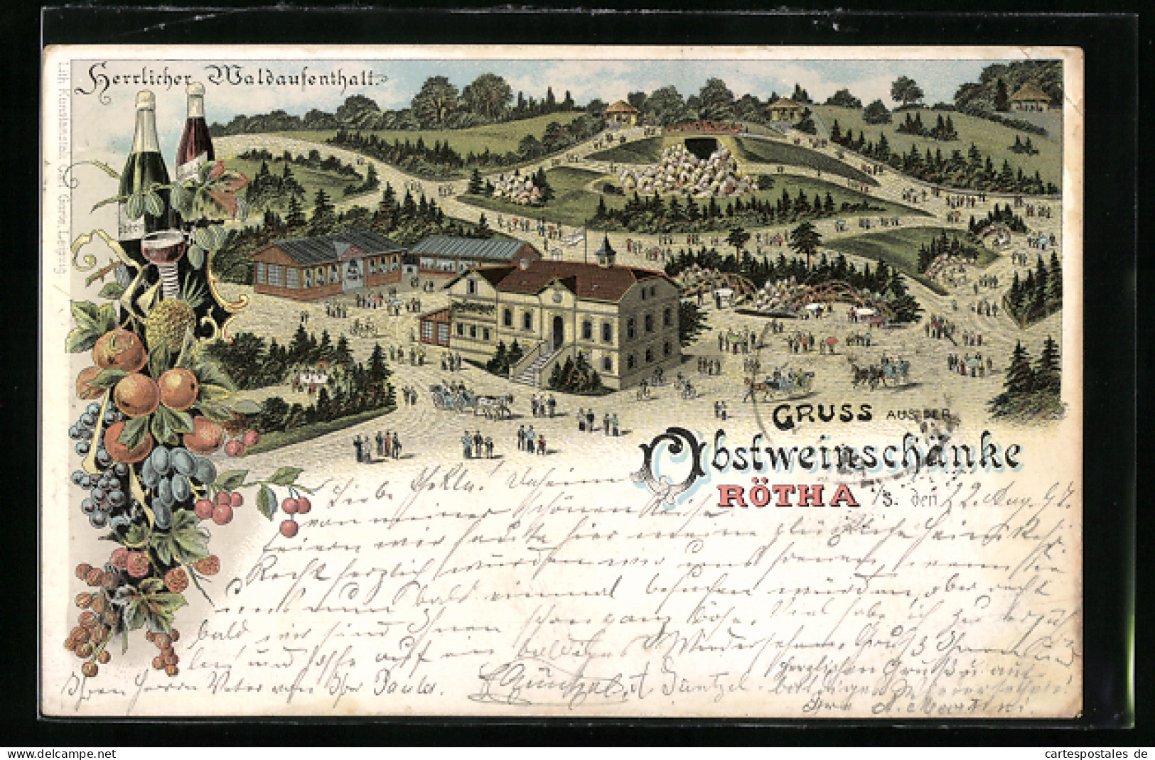 Lithographie Rötha I. S., Obstweinschenke Mit Umgebung, Motiv Mit Früchten Und Wein  - Roetha