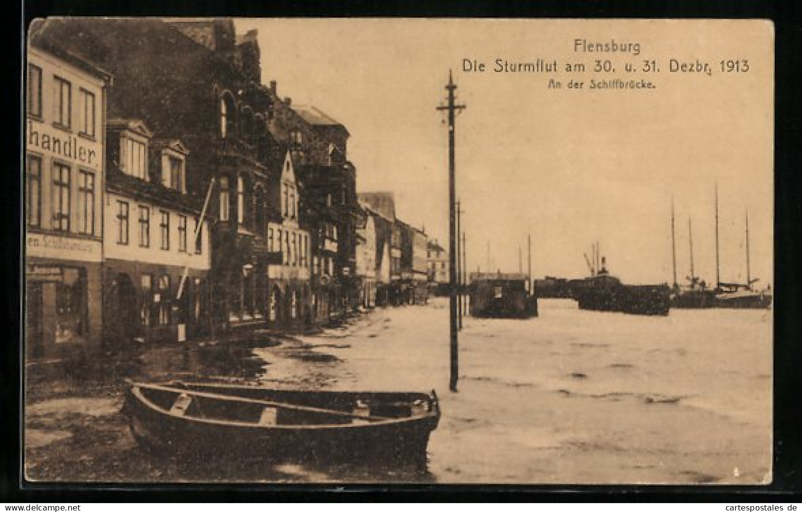 AK Flensburg, Die Strumflut 1913, An Der Schiffbrücke, Unwetter  - Überschwemmungen