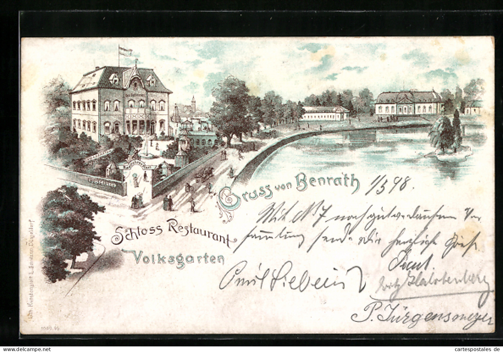 Lithographie Benrath, Schloss Restaurant Volksgarten, Wasserpartie  - Autres & Non Classés