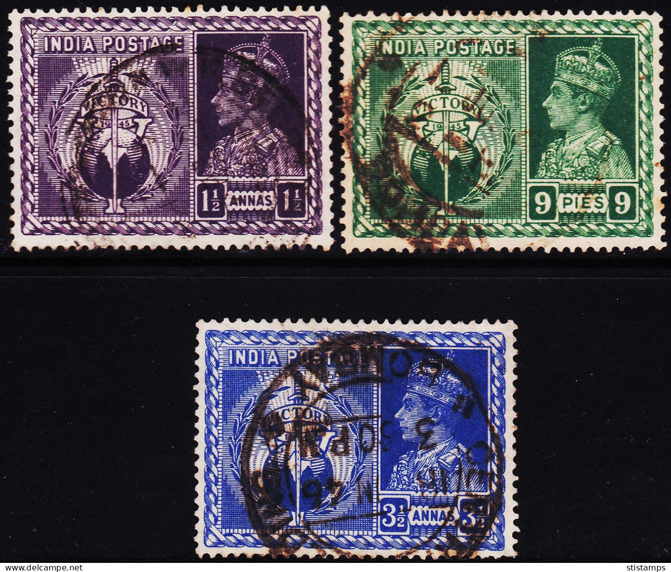 BRITISH INDIA 1946 KGVI - VICTORY 3 DIFFERENT USED STAMPS #D1 - 1936-47 Roi Georges VI