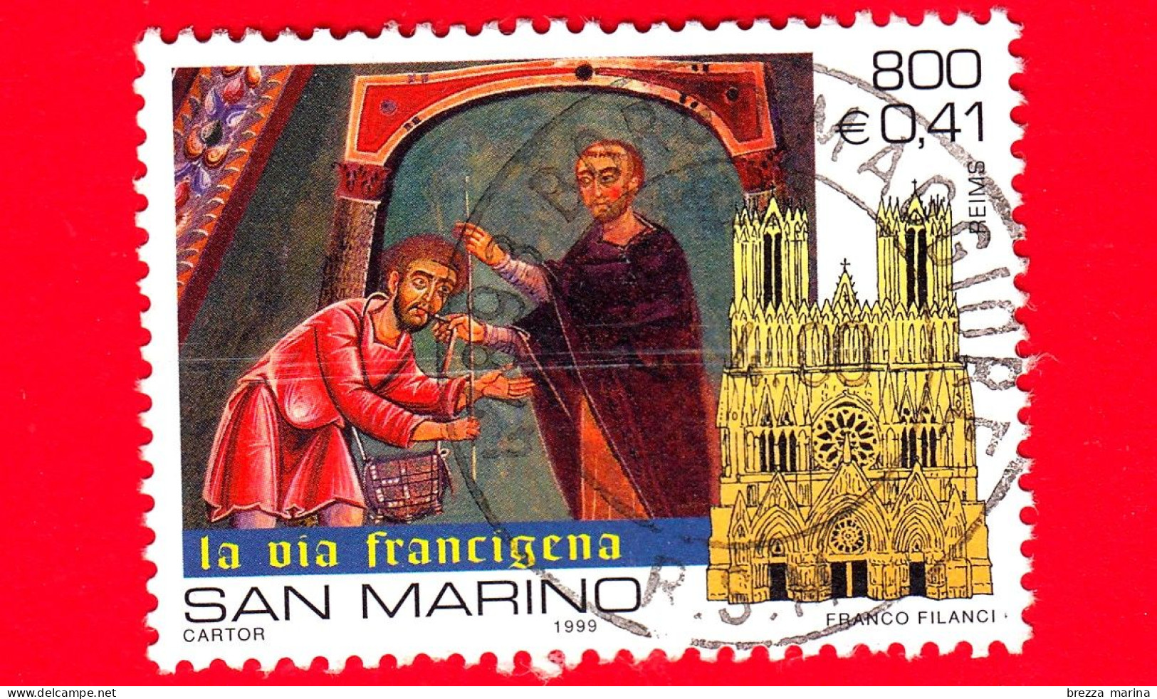 SAN MARINO - Usato - 1999 - Giubileo Del 2000 - Affresco E Cattedrale Di Reims - 800 L. - 0,41 - Gebraucht