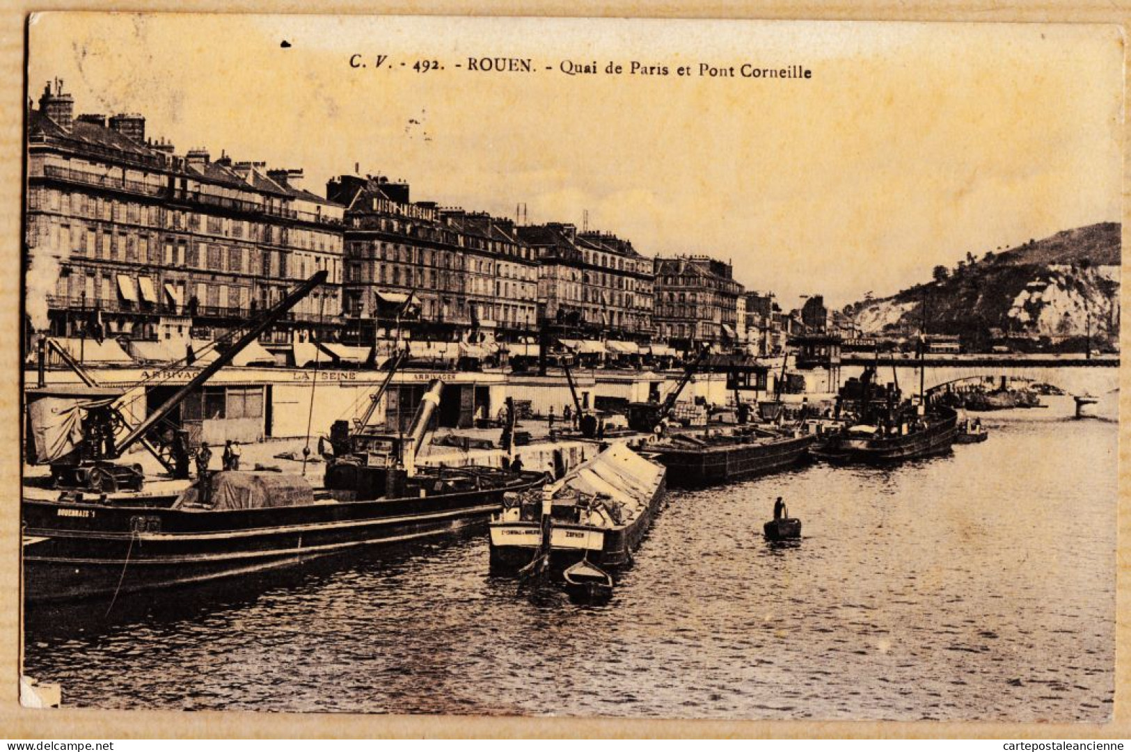 10864 / ROUEN Gabare LE ZEPHIR Quai De PARIS Et Pont CORNEILLE 1910s à Henriette MARTIN Rue Du Repos Paris-C.V 492 - Rouen