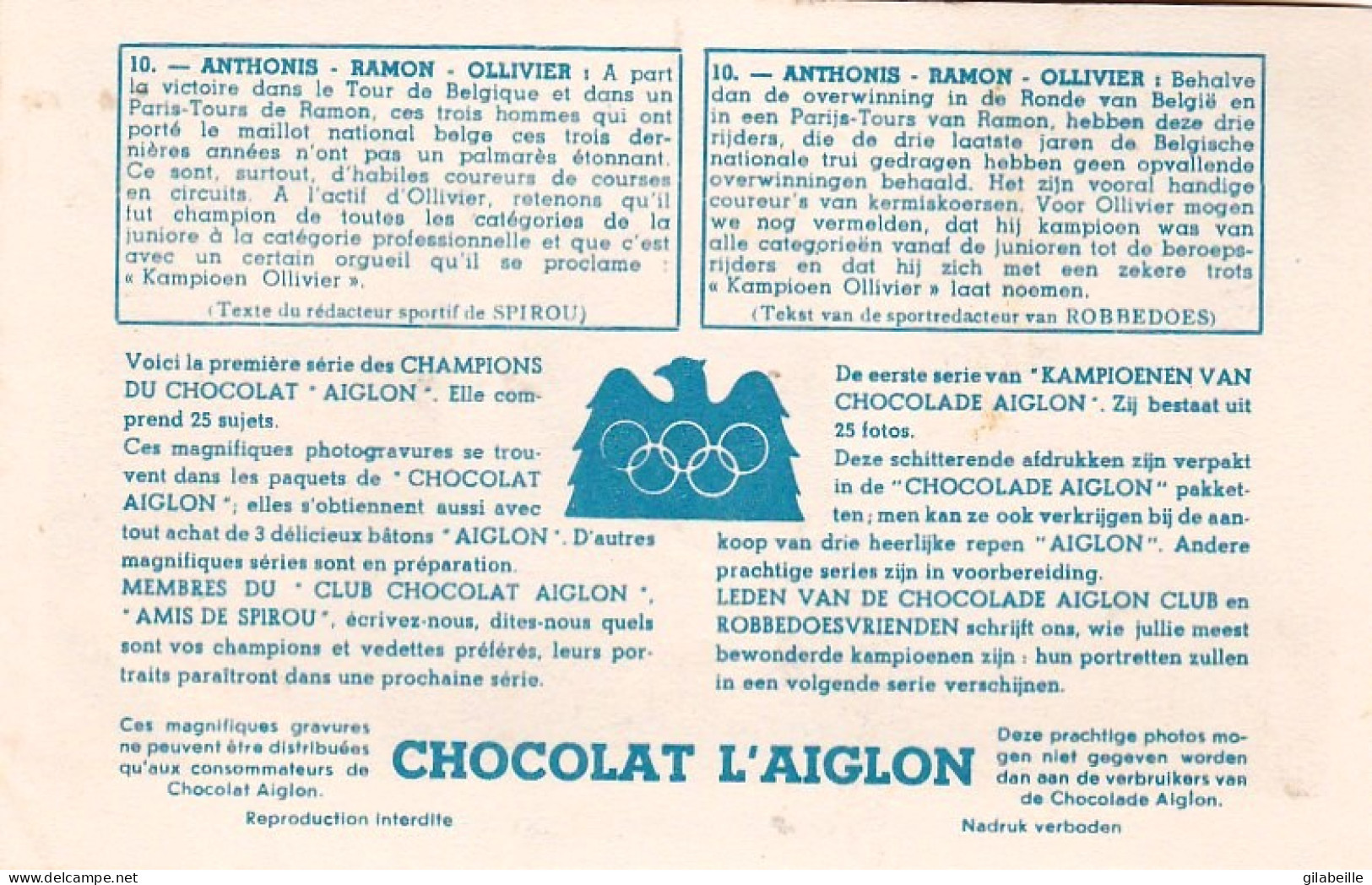 Chromo - Chocolat Aiglon - Cyclisme - Wielrenners - Cyclistes - RAMON - OLLIVIER - ANTHONIS - Wielrennen