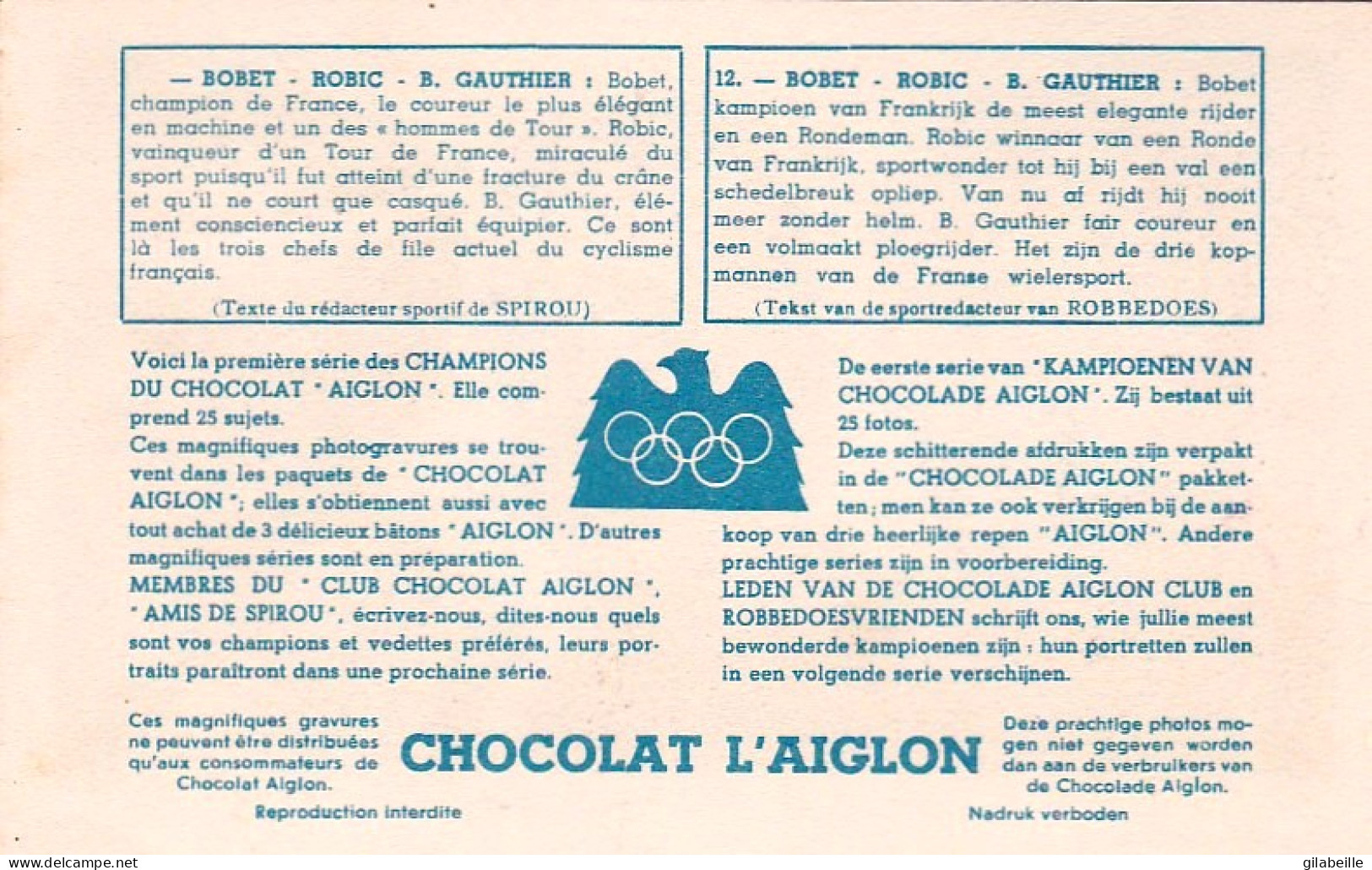 Chromo - Chocolat Aiglon - Cyclisme - Wielrenners - Cyclistes - B. GAUTHIER - BOBET - ROBIC - Cyclisme