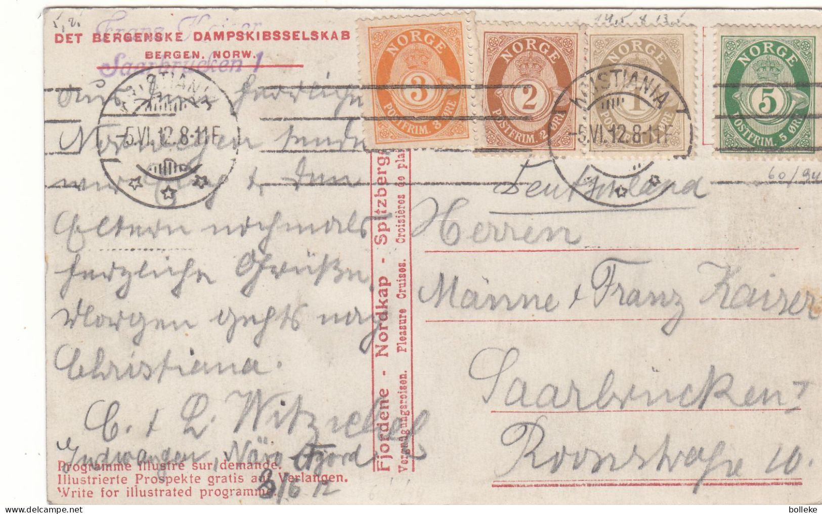 Norvège - Carte Postale De 1912  - Oblit Ktistiania - Exp Vers Saarbrücken - - Lettres & Documents