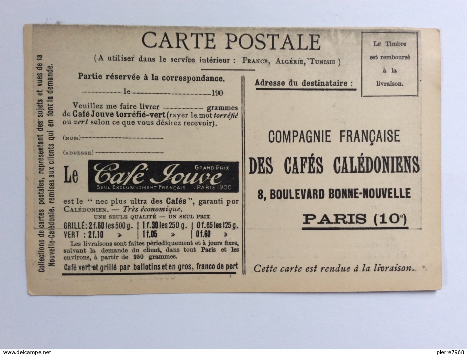 Nouvelle-Calédonie : Carte Publicitaire Du Café Jouve - Bureaux De La Compagnie à Canalan (N°38) - Nueva Caledonia