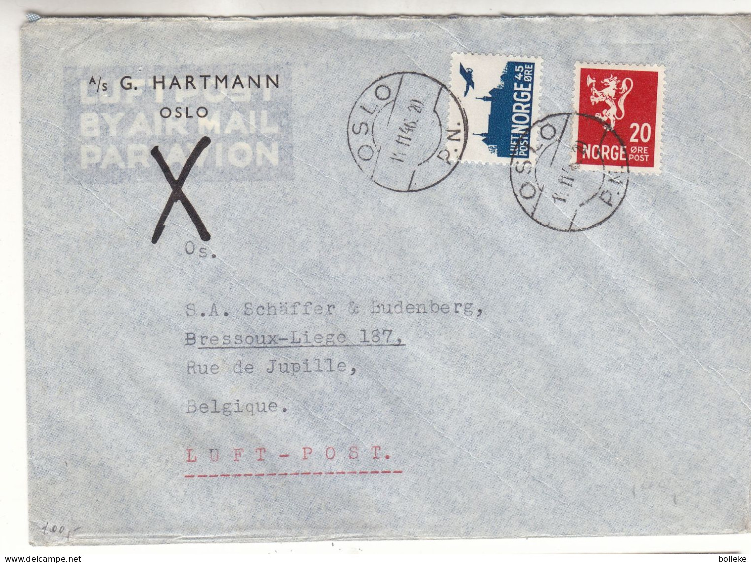 Norvège - Lettre De 1946  - Oblit Oslo - Exp Vers Bressoux Liège - Valeur 20 Euros - - Lettres & Documents