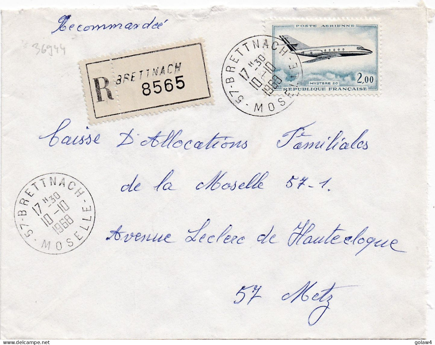 36944# LETTRE FRANCHISE PARTIELLE RECOMMANDE Obl 57 BRETTNACH MOSELLE 1968 Pour METZ 57 - Lettres & Documents