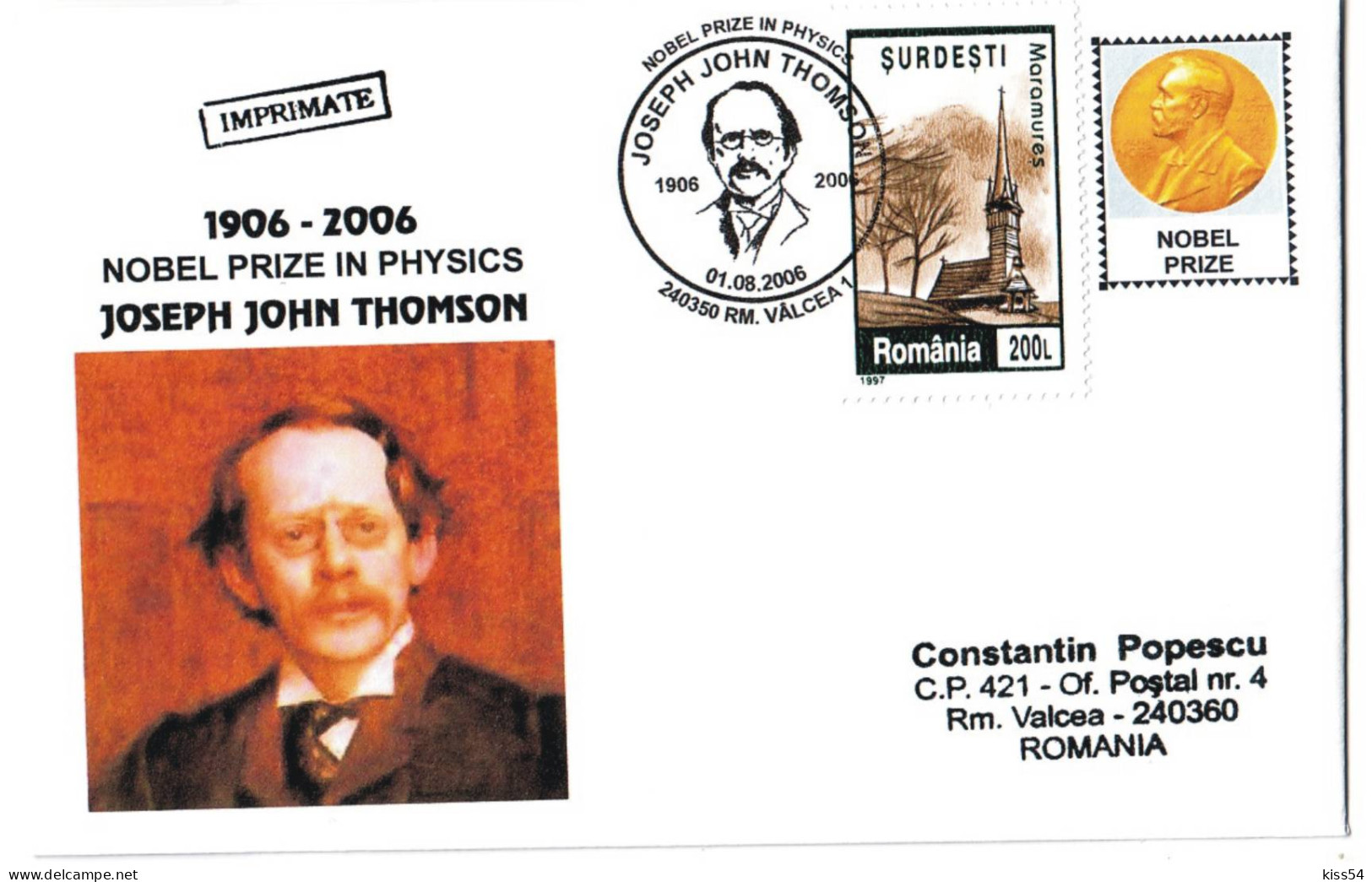 COV 34 - 422 JOSEPH JOHN THOMSON, Romania, Nobel Prize In Physics - Cover - Used - 2006 - Storia Postale