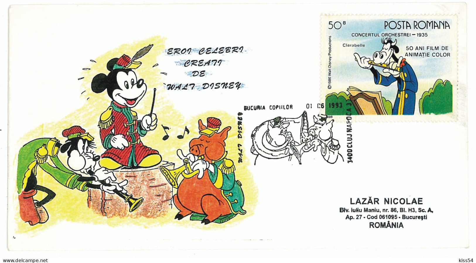 COV 34 - 1108 Mickey Mouse, Romania - Cover - Used - 1993 - Brieven En Documenten