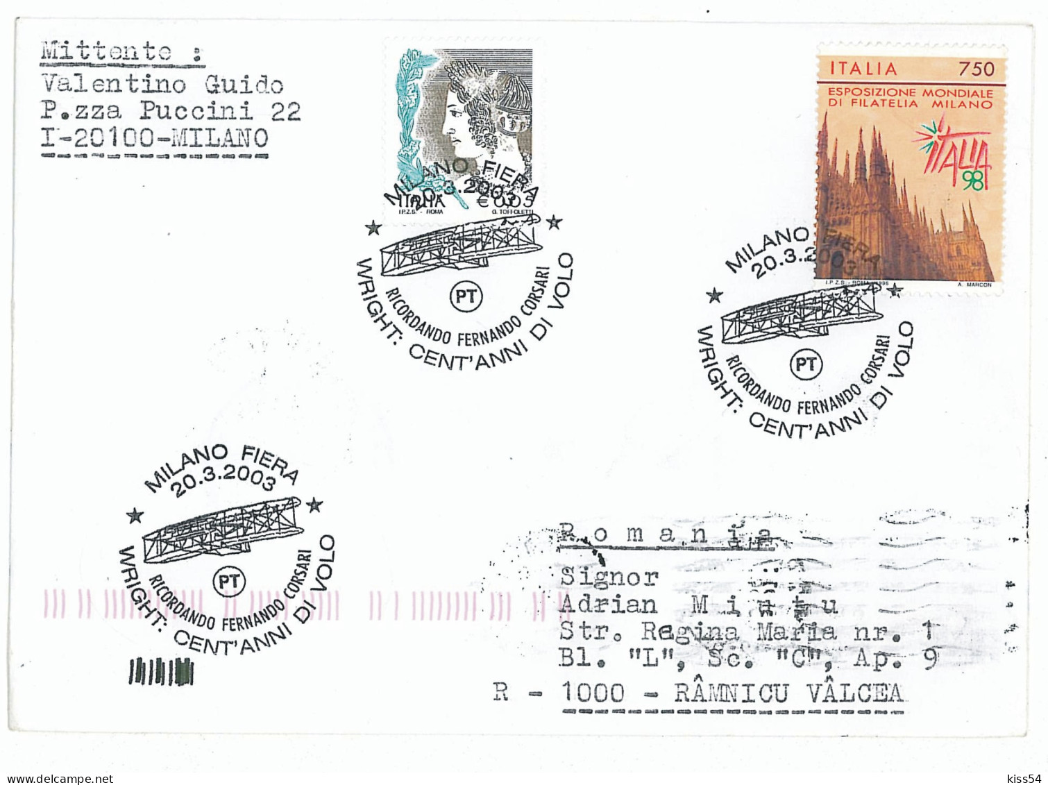 COV 34 - 1038-a AIRPLANE, Flight, Italy - Cover - Used - 2003 - Lettres & Documents
