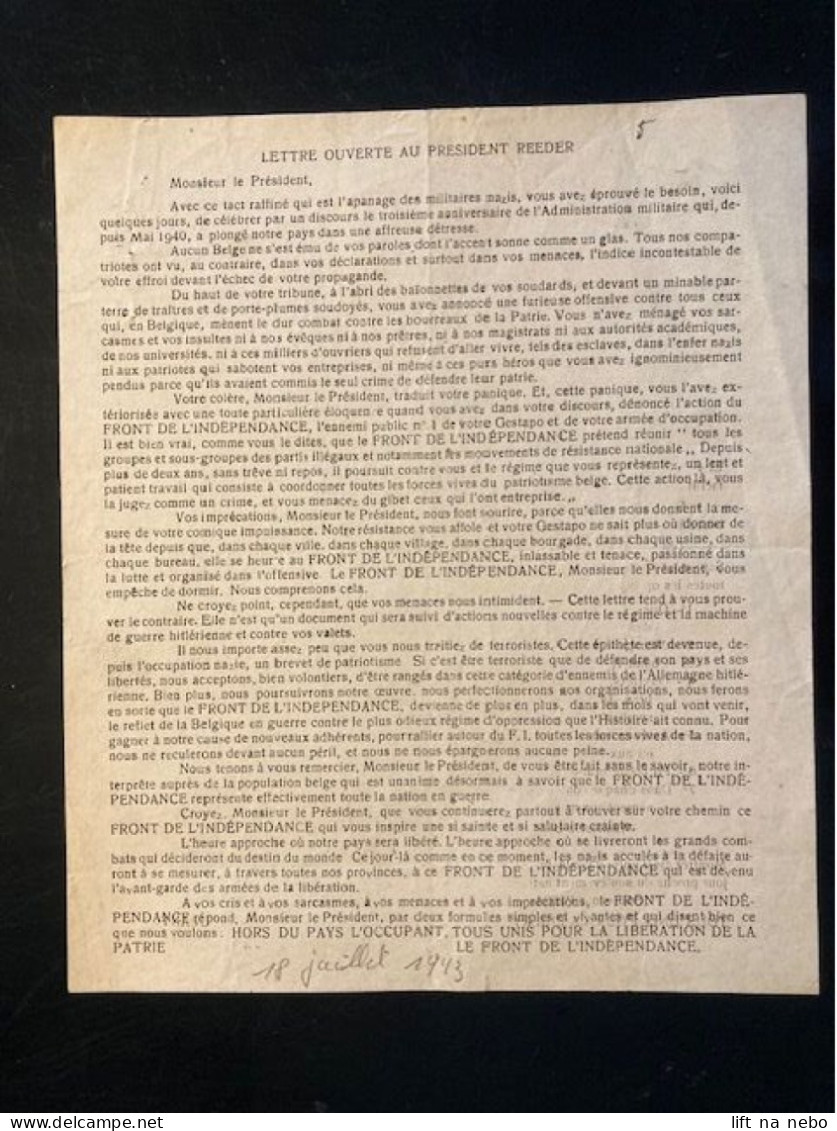 Tract Presse Clandestine Résistance Belge WWII WW2 'Lettre Ouverte Au Président Reeder' Printed On Both Sides - Documentos