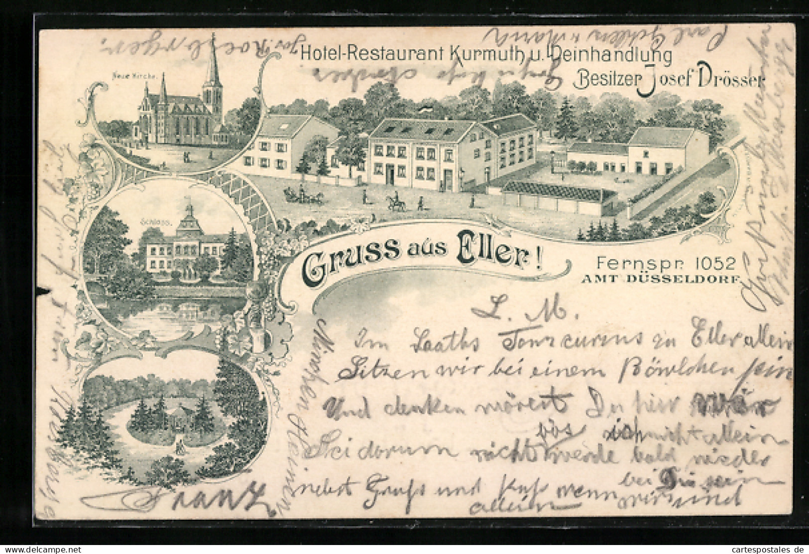 Lithographie Eller / Düsseldorf, Hotel-Restaurant Kurmuth U. Weinhandlung, Bes. Josef Drösser, Schloss, Neue Kirche  - Duesseldorf