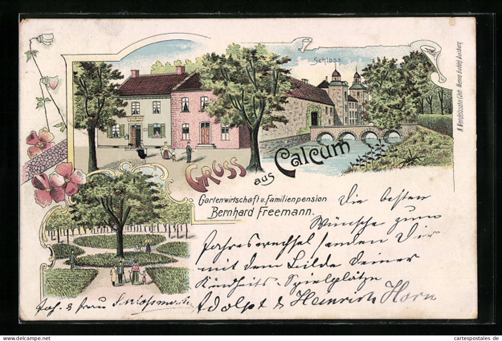 Lithographie Calcum, Gastwirtschaft Und Familinepension Bernhard Frremann, Schloss, Gartenanlage  - Other & Unclassified