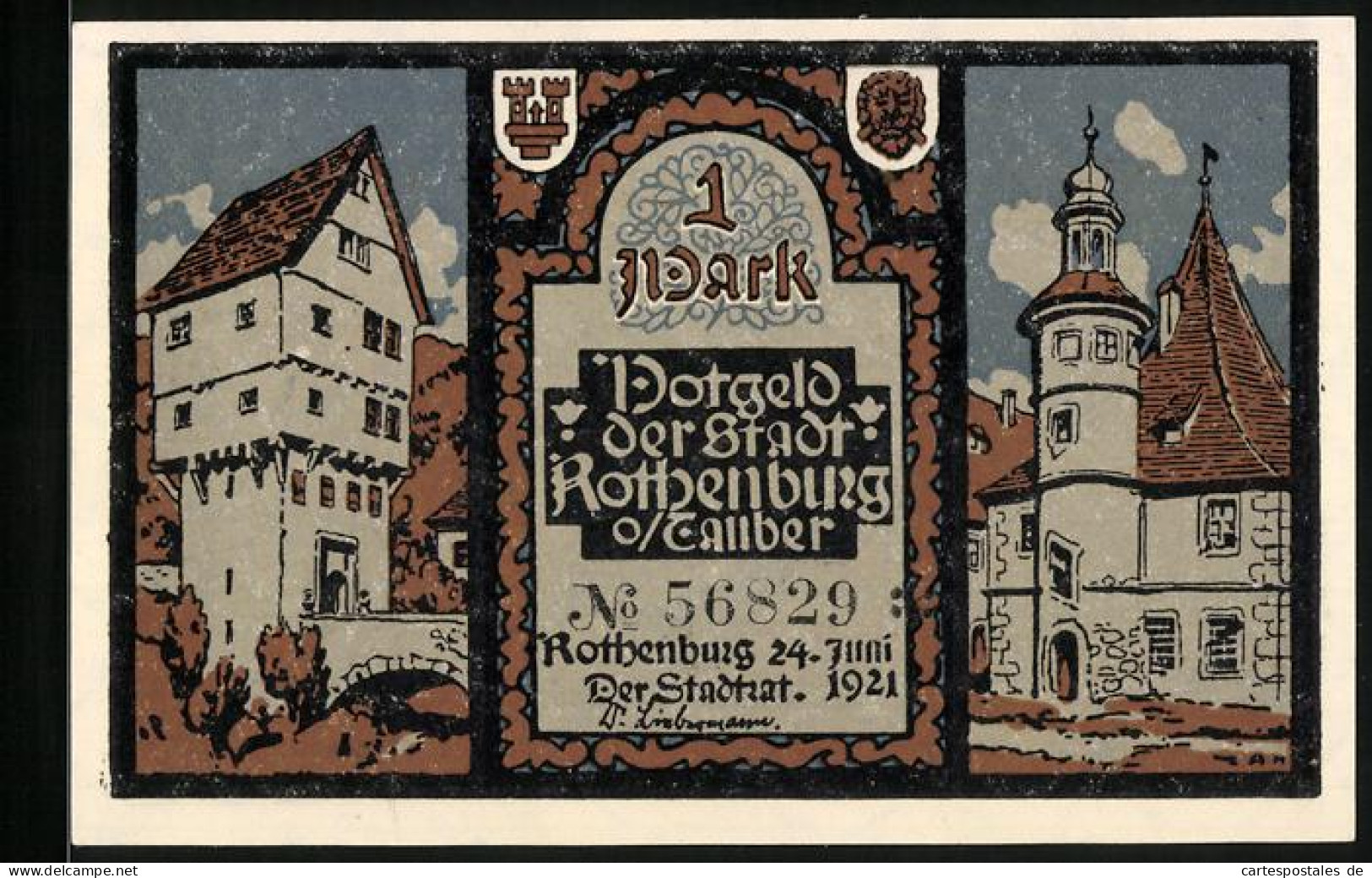 Notgeld Rothenburg O. Tauber 1921, 1 Mark, Brückenturm, Rathaus  - [11] Emissions Locales