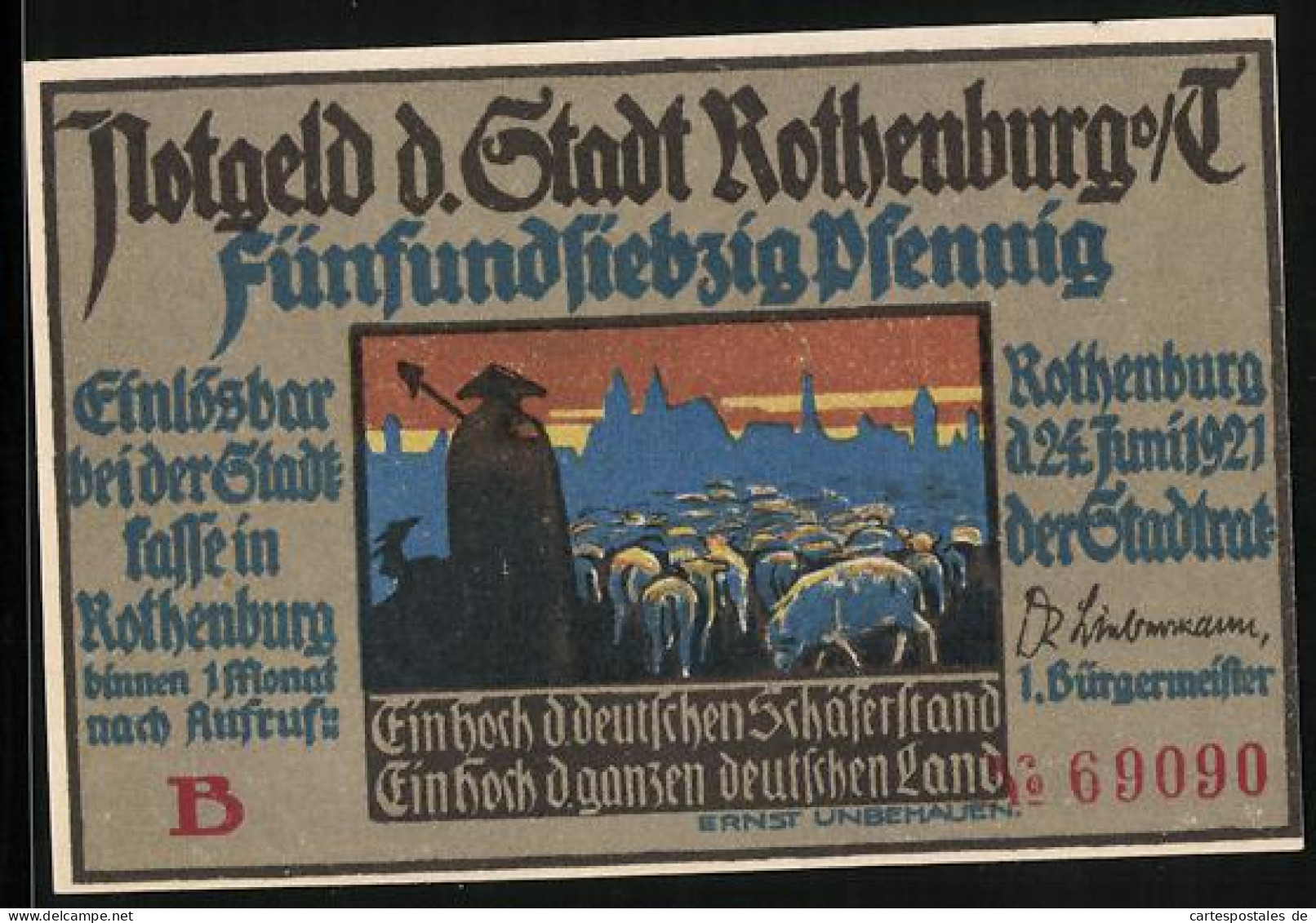 Notgeld Rothenburg O. T. 1921, 75 Pfennig, Schäfer Mit Seiner Herde, Der Ober-Schäfer  - [11] Emissions Locales