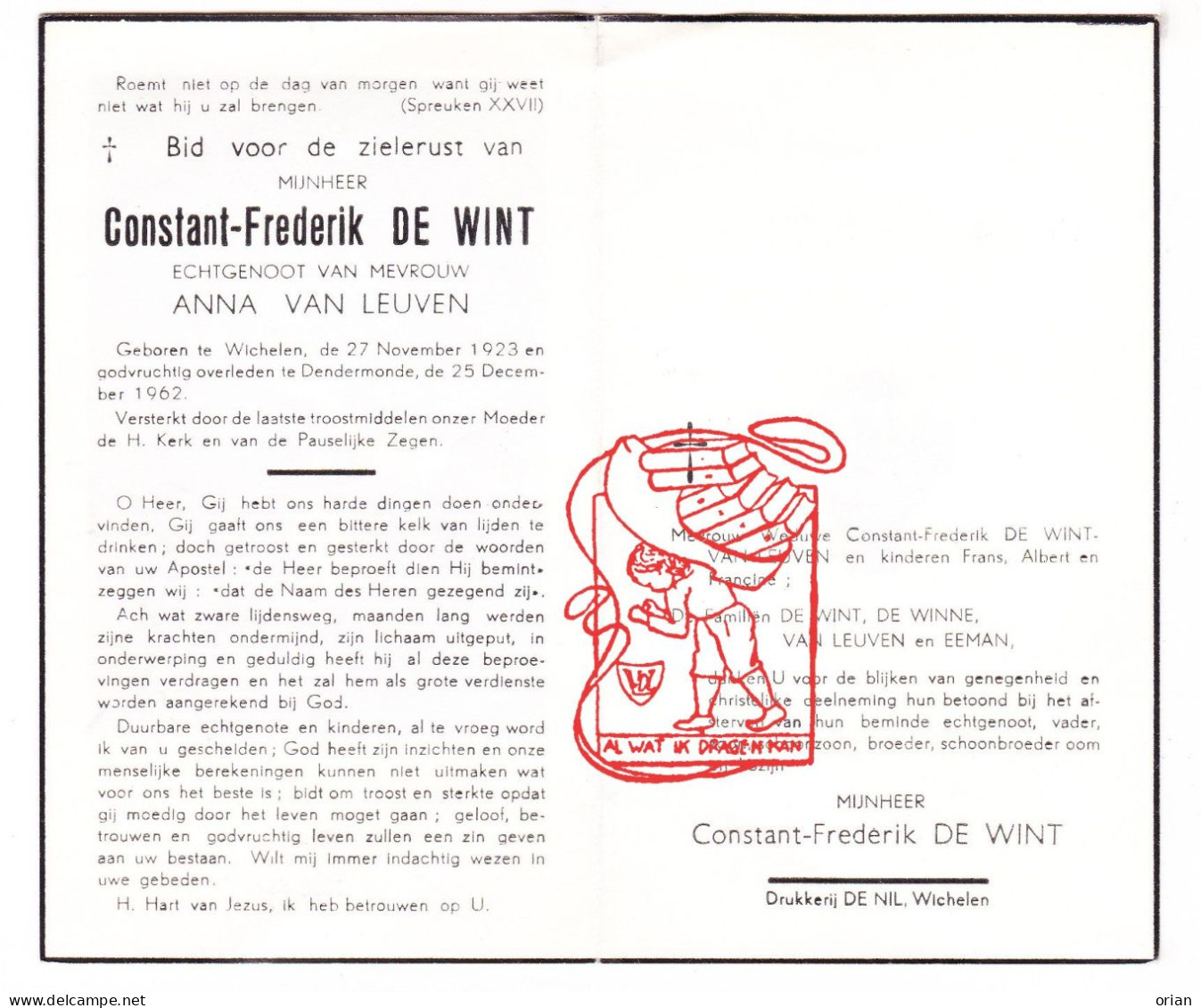 DP Constant Frederik De Wint 39j. ° Wichelen 1923 † Dendermonde 1962 X Anna Van Leuven // De Winne Eeman - Imágenes Religiosas