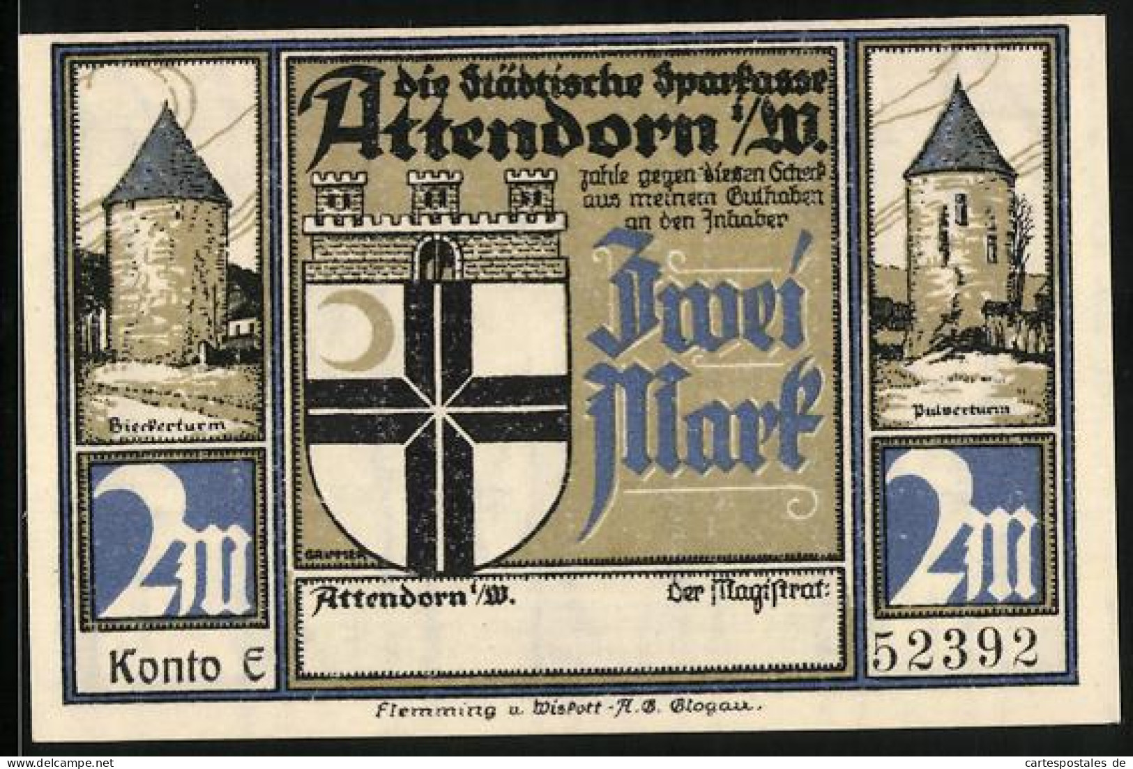 Notgeld Attendorn I. W. 1922, 2 Mark, Bierkerturm, Pulverturm, Tropfsteinhöhle  - [11] Emissions Locales