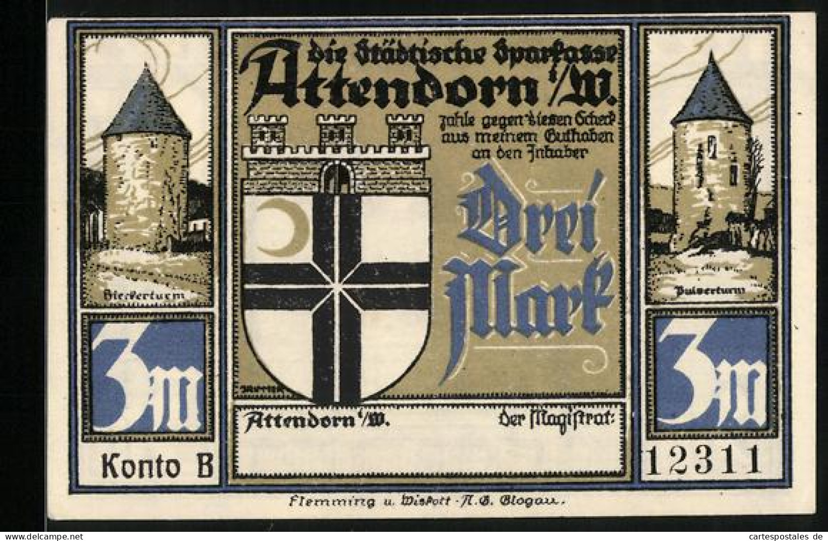 Notgeld Attendorn I. W. 1922, 3 Mark, Schloss Und Ruine Schnellenberg  - Lokale Ausgaben