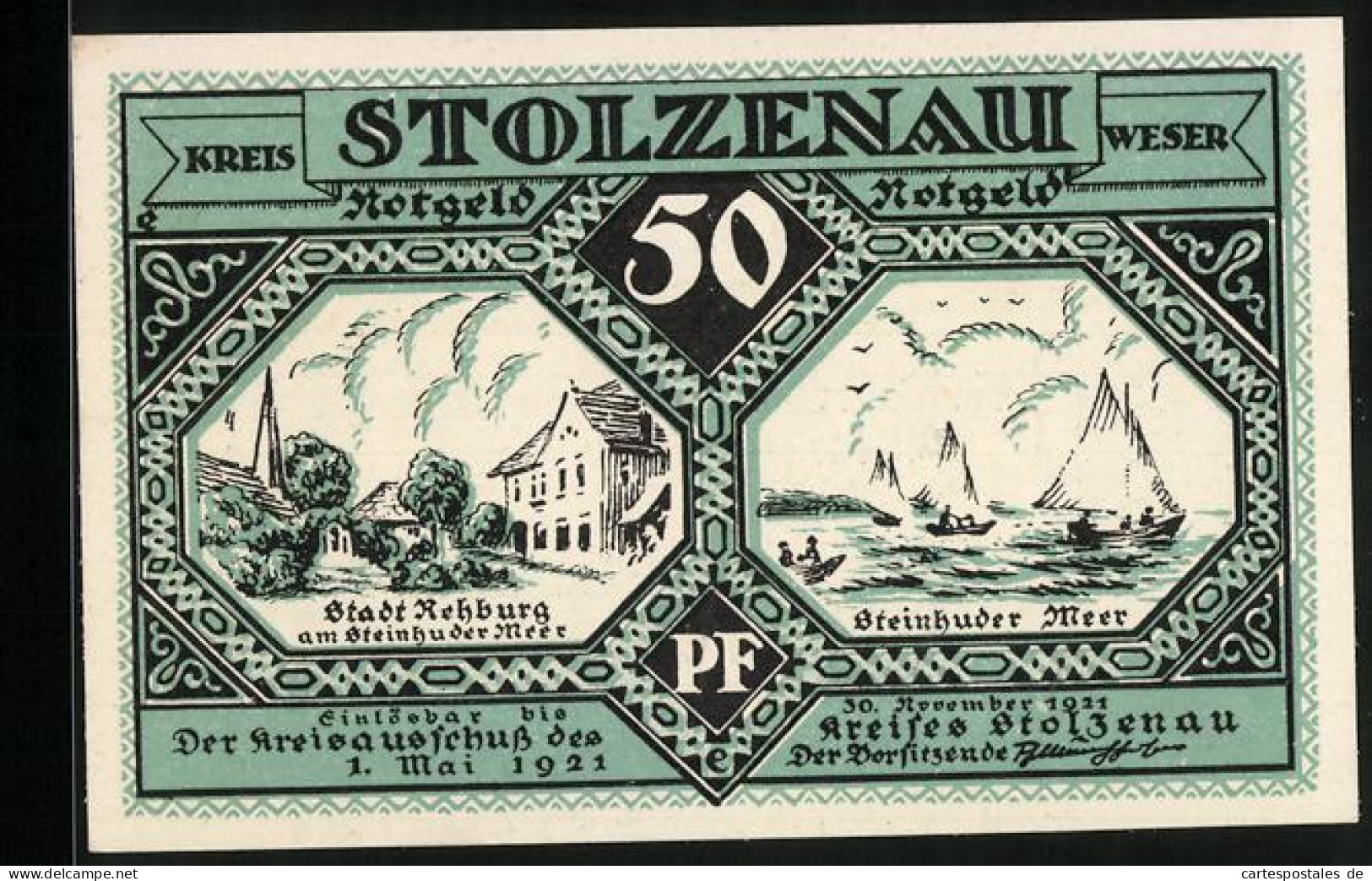 Notgeld Stolzenau /Weser 1921, 50 Pfennig, Ortspartie In Rehburg Am Steinhuder Meer, Segelboote Auf Dem Wasser  - [11] Local Banknote Issues