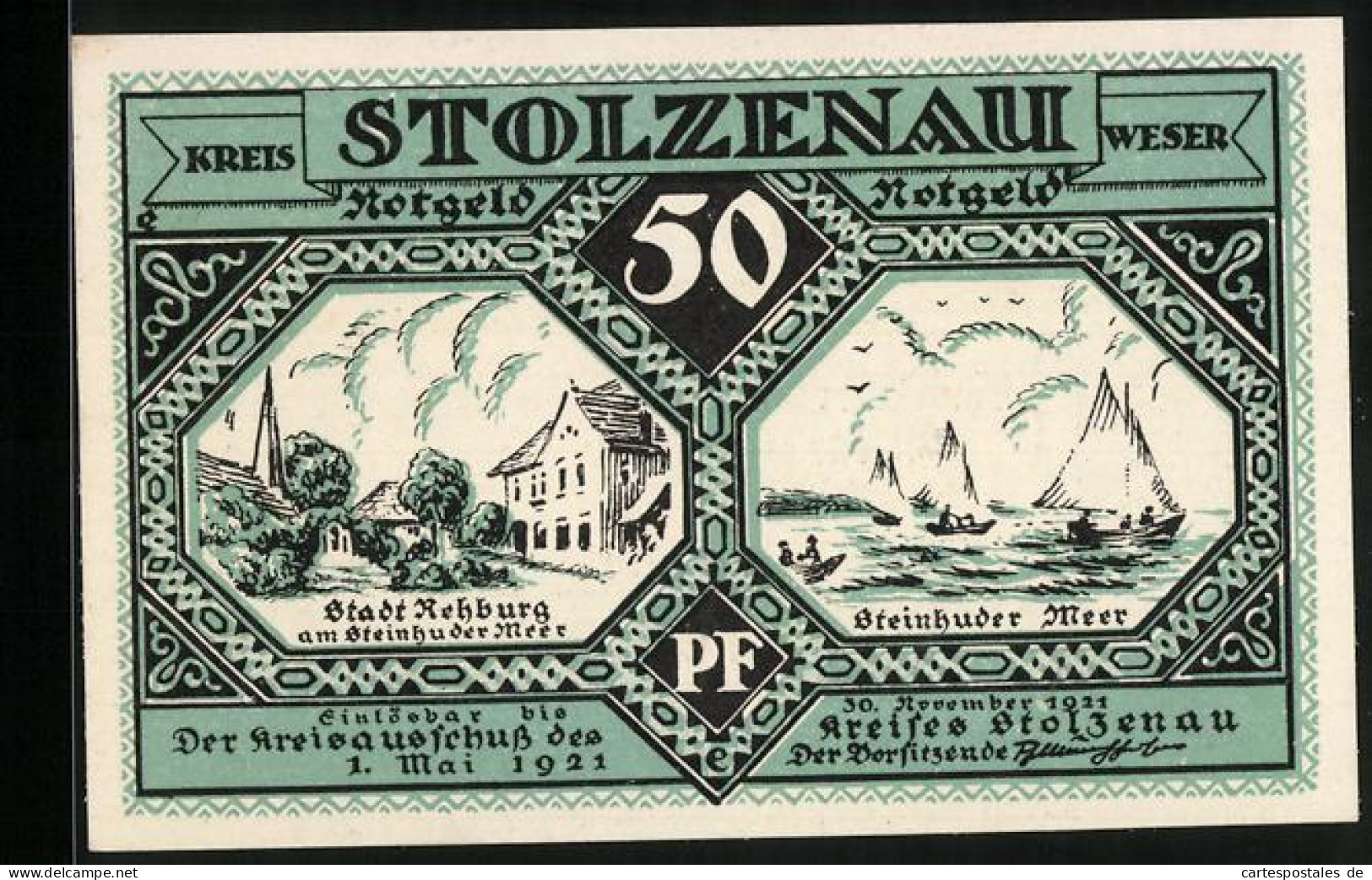 Notgeld Stolzenau /Weser 1921, 50 Pfennig, Ortspartie In Rehburg Am Steinhuder Meer, Segelboote Auf Dem Wasser  - Lokale Ausgaben