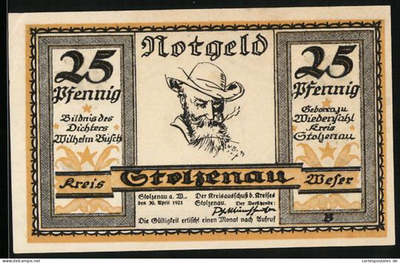 Notgeld Stolzenau /Weser 1921, 25 Pfennig, Konterfei Von Wilhelm Busch  - [11] Emissions Locales