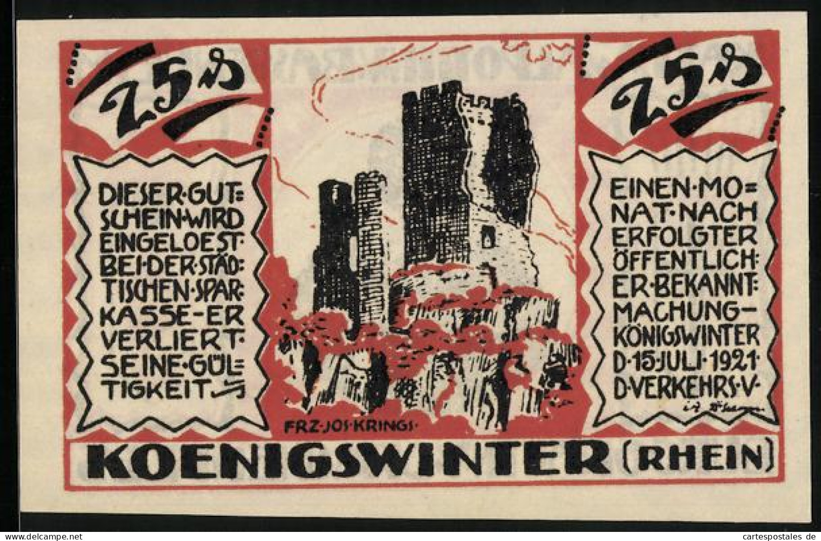 Notgeld Königswinter / Rhein 1921, 25 Pfennig, Kath. Walpottin V. Bassenheim, Burggräfin 1677, Burgruine  - [11] Emisiones Locales