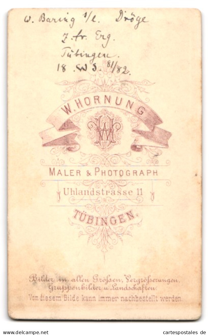 Fotografie W. Hornung, Tübingen, Uhlangstr. 11, W. Baring Im Anzug Mit Seichtem Schnurrbart Und Seitenscheitel  - Anonyme Personen