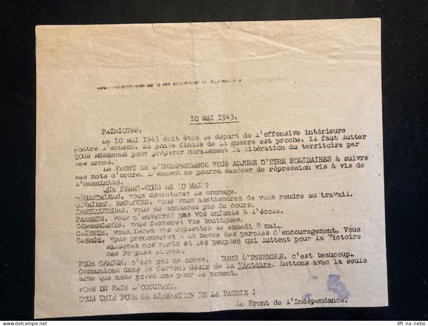 Tract Presse Clandestine Résistance Belge WWII WW2 '10 Mai 1943' Patriotes, Le 10 Mai 1943 Doit être Le Départ... - Documentos