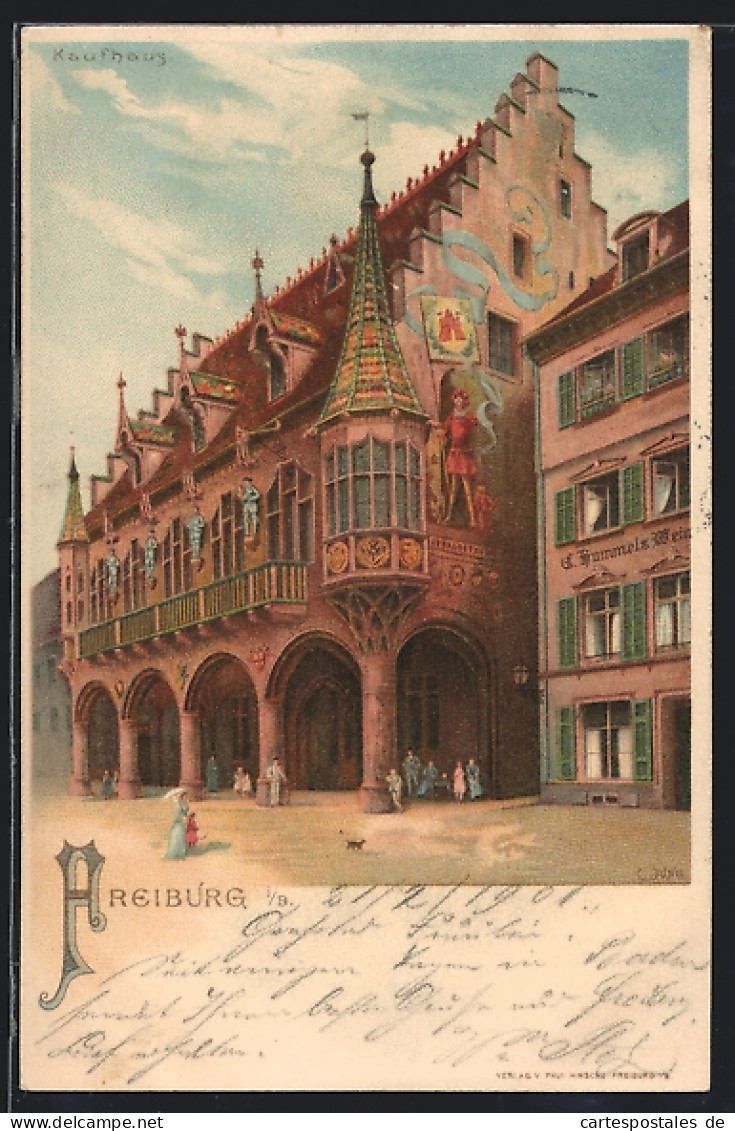 Lithographie Freiburg / Breisgau, Blick Zum Kaufhaus  - Freiburg I. Br.