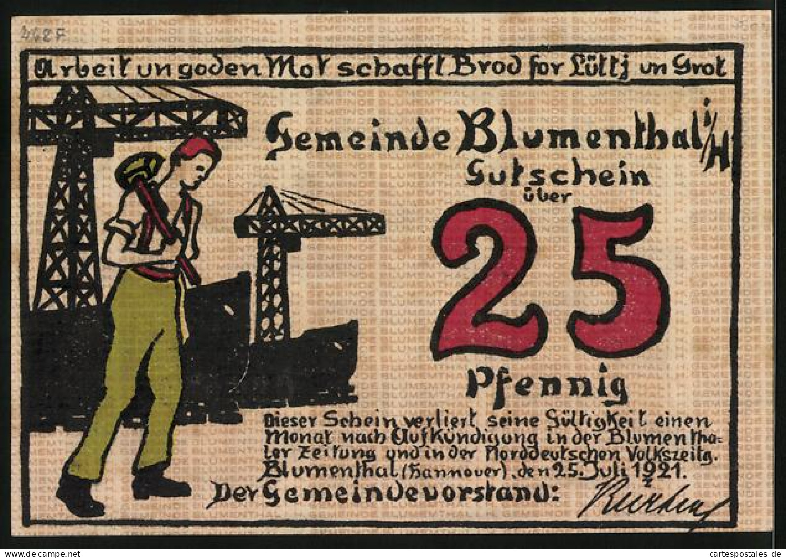 Notgeld Blumenthal I. H. 1921, 25 Pfennig, Frau Kämmt Wolle, Industriearbeiter  - Lokale Ausgaben