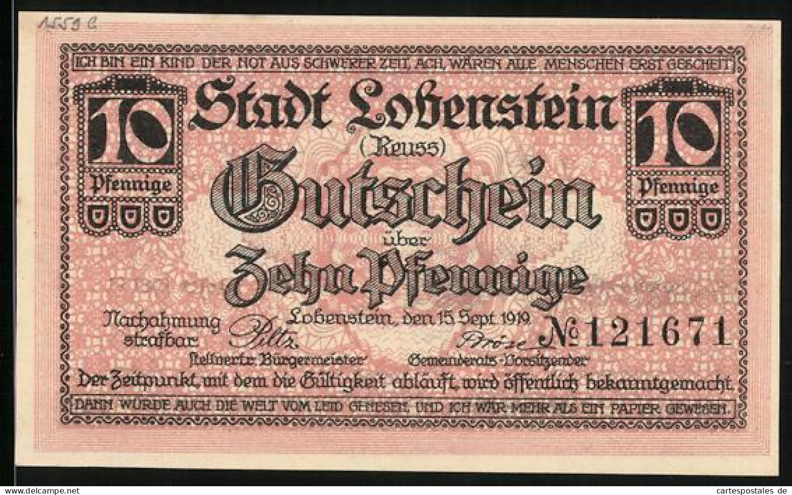 Notgeld Lobenstein /Reuss 1919, 10 Pfennig, Ortsansicht Mit Dem Turm  - [11] Emissions Locales