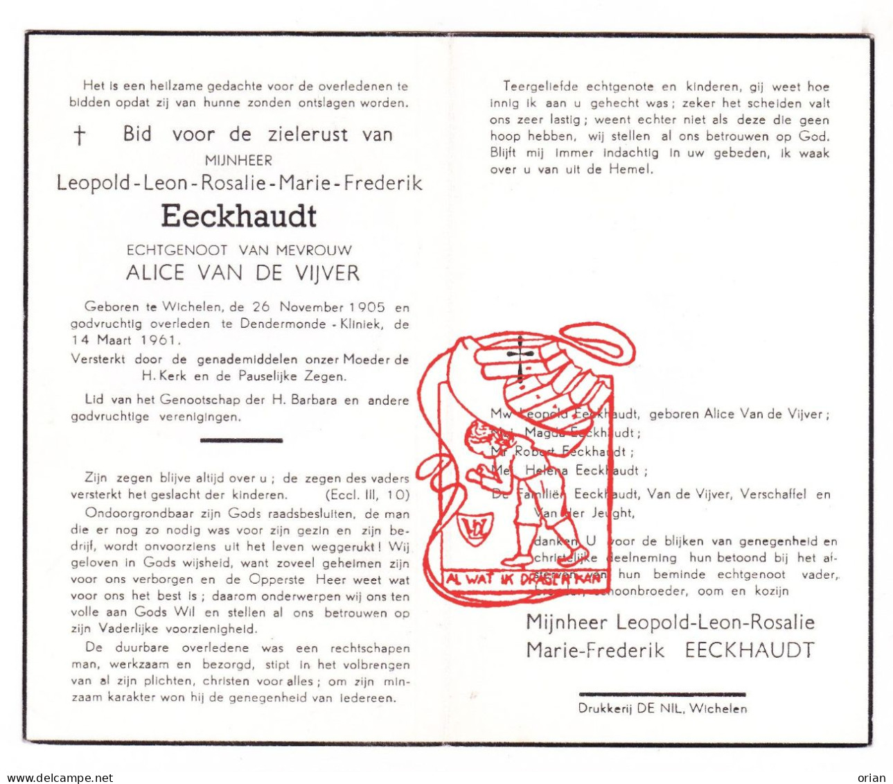 DP Leopold Leon Eeckhaudt ° Wichelen 1905 † Dendermonde 1961 X Alice Van De Vijver // Verschaffel Van Der Jeught - Imágenes Religiosas