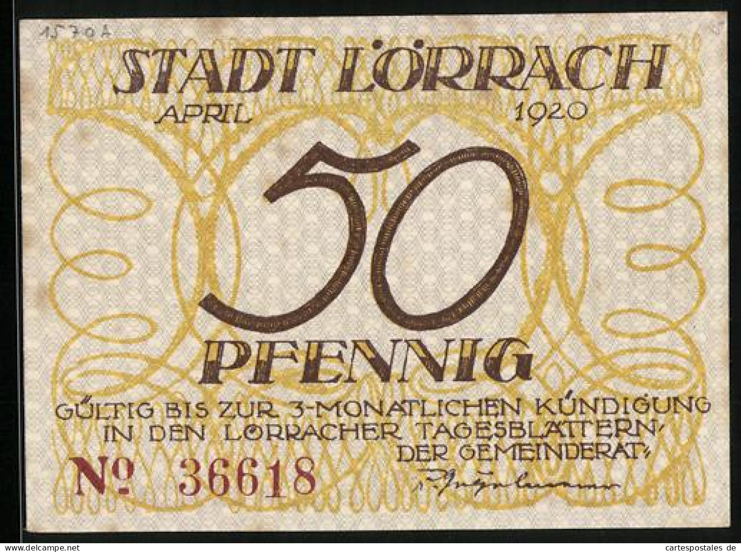 Notgeld Lörrach 1920, 50 Pfennig, Friedenstaube über Der Stadt  - [11] Emissions Locales