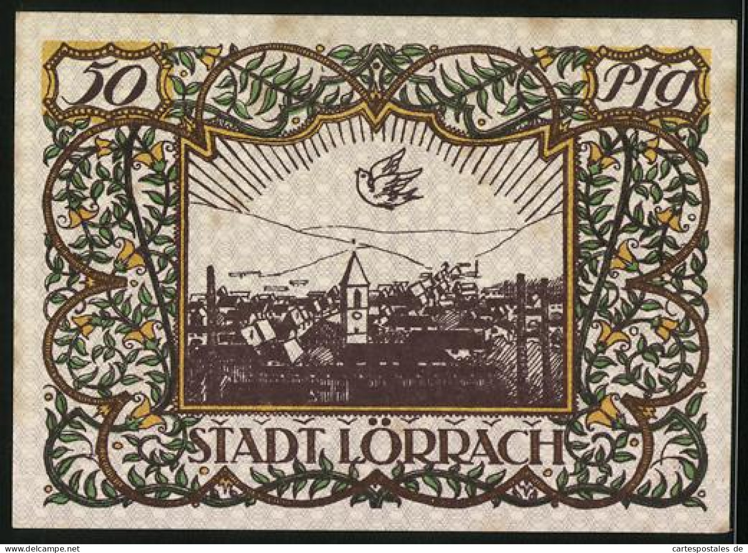 Notgeld Lörrach 1920, 50 Pfennig, Friedenstaube über Der Stadt  - Lokale Ausgaben