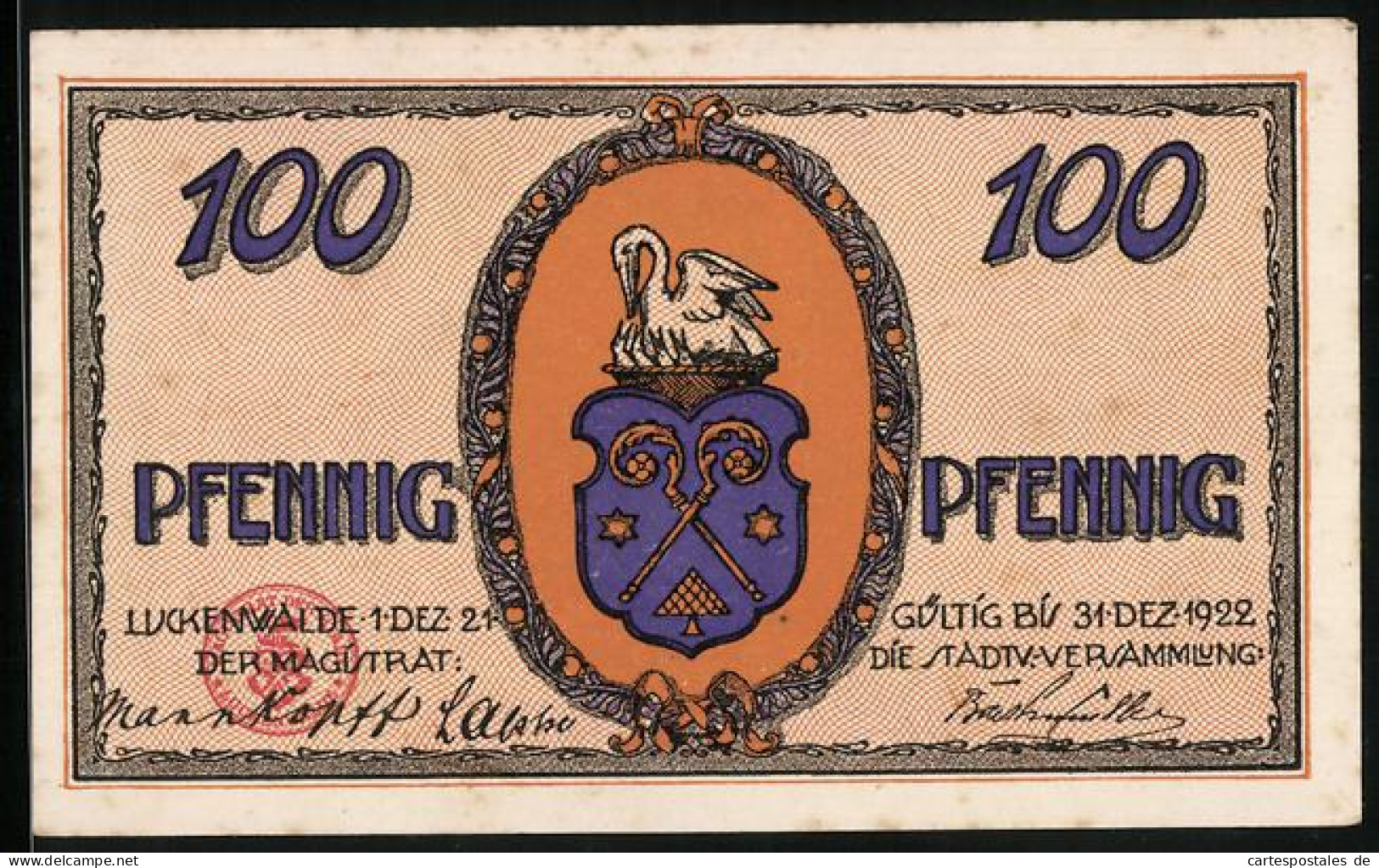 Notgeld Luckenwalde 1921, 100 Pfennig, Ortsansicht Aus Der Vogelschau  - [11] Lokale Uitgaven