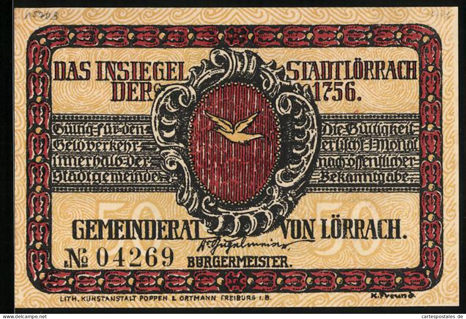 Notgeld Lörrach, 50 Pfennig, Das Insiegel Von 1756, Joh. Pet. Hebel  - [11] Local Banknote Issues