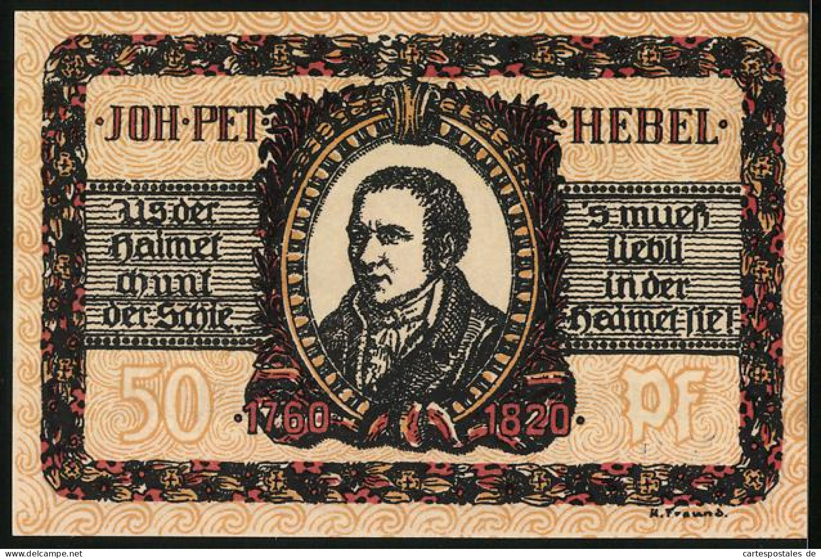 Notgeld Lörrach, 50 Pfennig, Das Insiegel Von 1756, Joh. Pet. Hebel  - [11] Local Banknote Issues