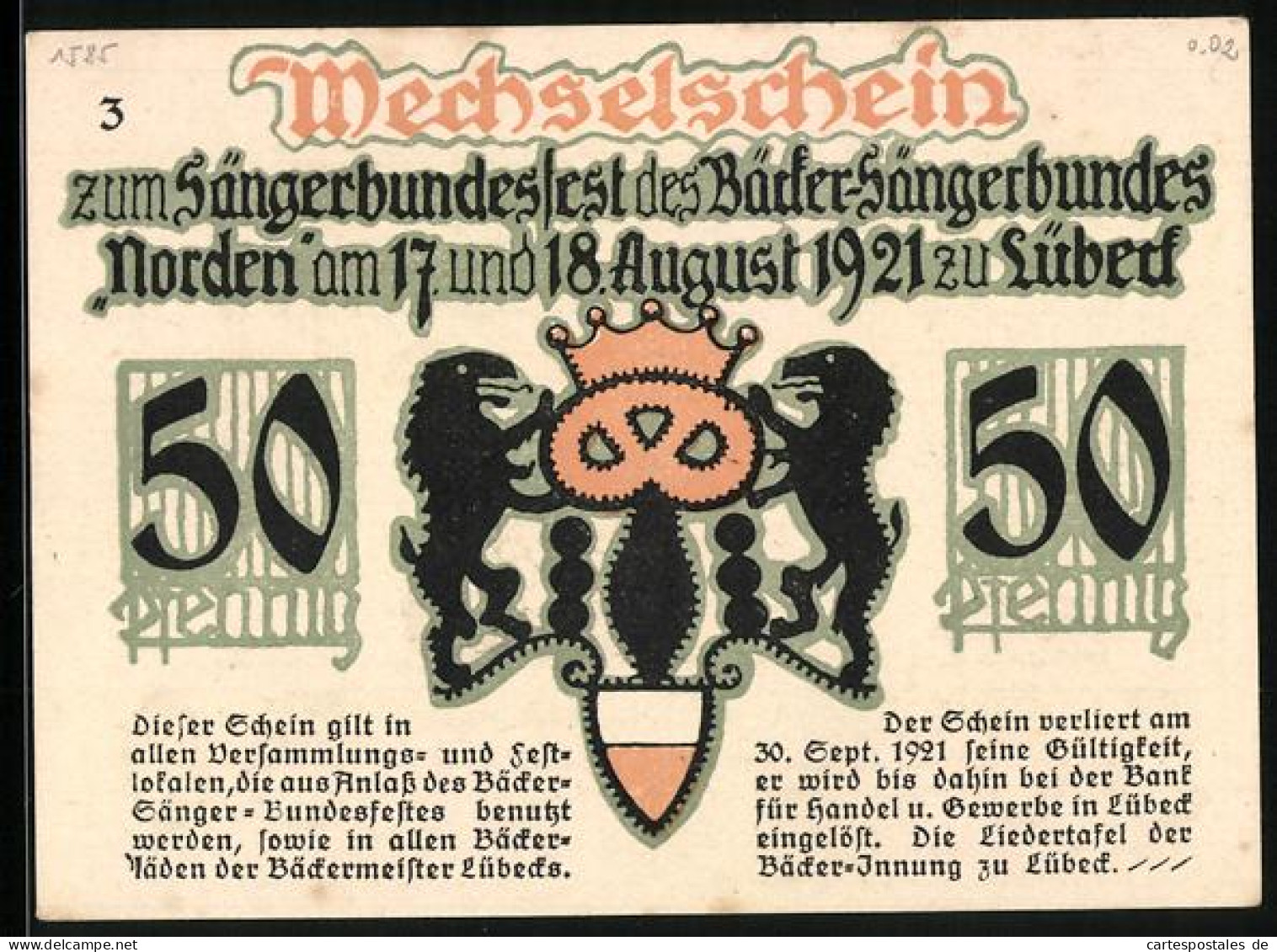 Notgeld Lübeck 1921, 50 Pfennig, Sängerbundsfest Des Bäcker-Sängerbundes, Bäcker Beim Backen  - [11] Emisiones Locales