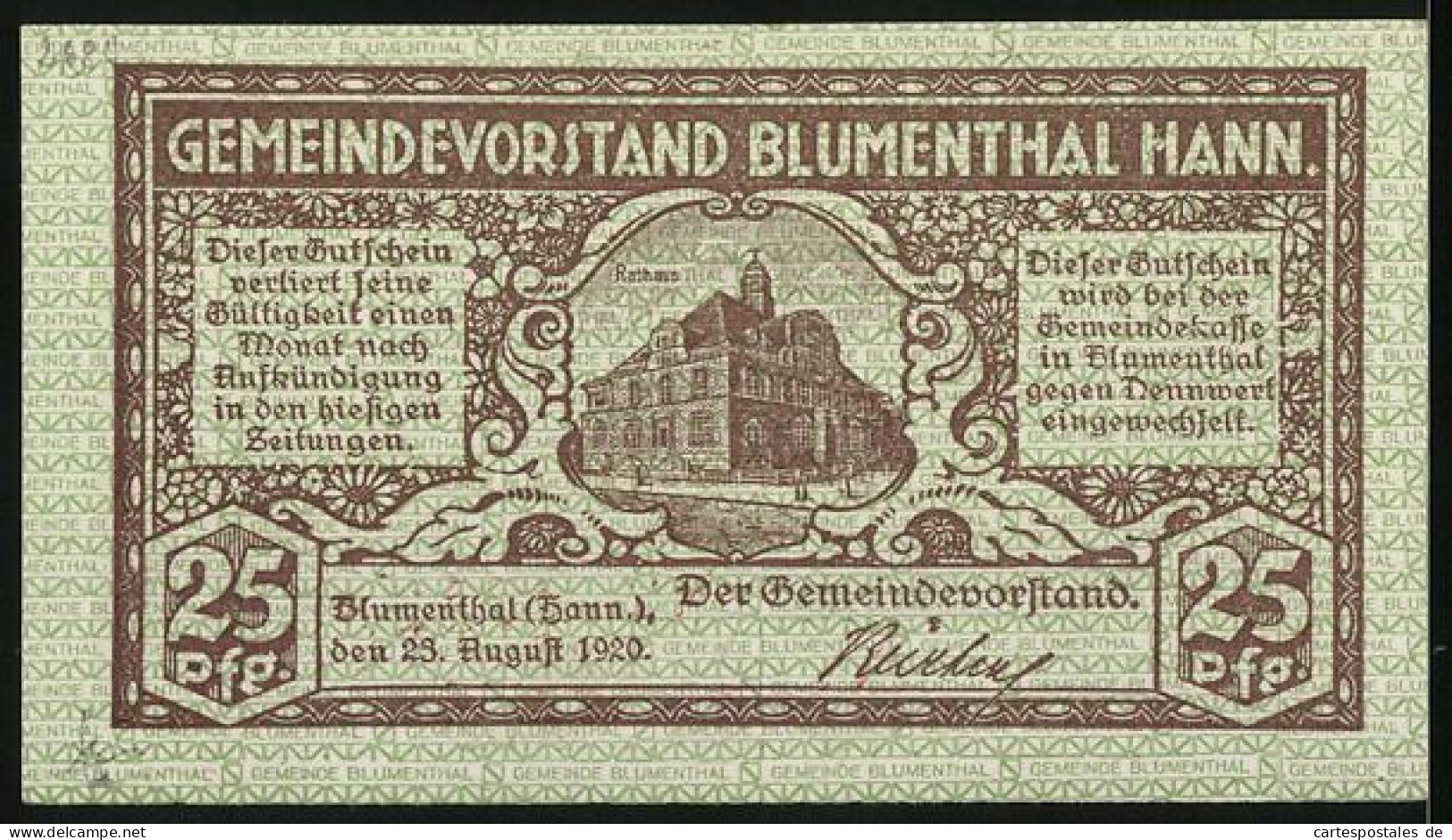 Notgeld Blumenthal /Hann. 1920, 25 Pfennig, Das Rathaus, Industrie Am Fluss  - Lokale Ausgaben