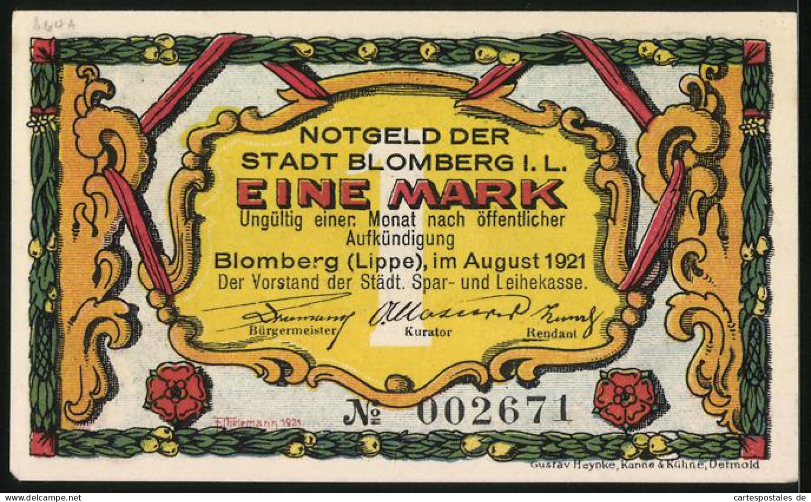 Notgeld Blomberg /Lippe 1921, 1 Mark, Drei Wanderer Im Wald  - Lokale Ausgaben