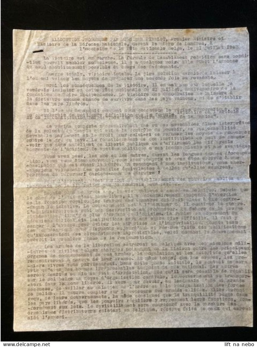 Tract Presse Clandestine Résistance Belge WWII WW2 'Allocution Prononcee Par Monsieur Pierlot...' 2 Sheets - Documents