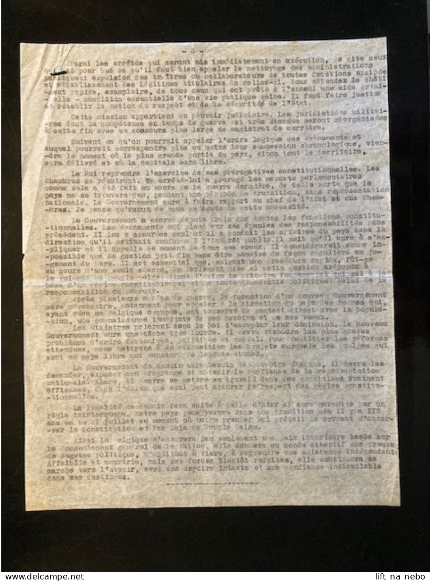 Tract Presse Clandestine Résistance Belge WWII WW2 'Allocution Prononcee Par Monsieur Pierlot...' 2 Sheets - Documents