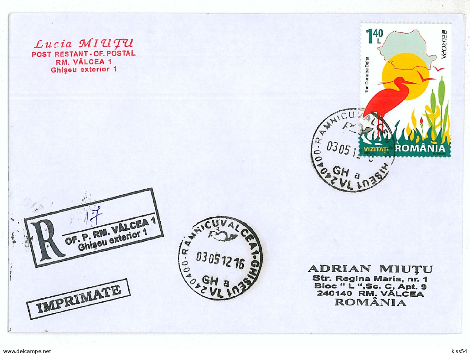 NCP 23 - 17-a  EUROPE Cept, Romania, Bird Of Danube Delta - Registered Cover - 2012 - Lettres & Documents