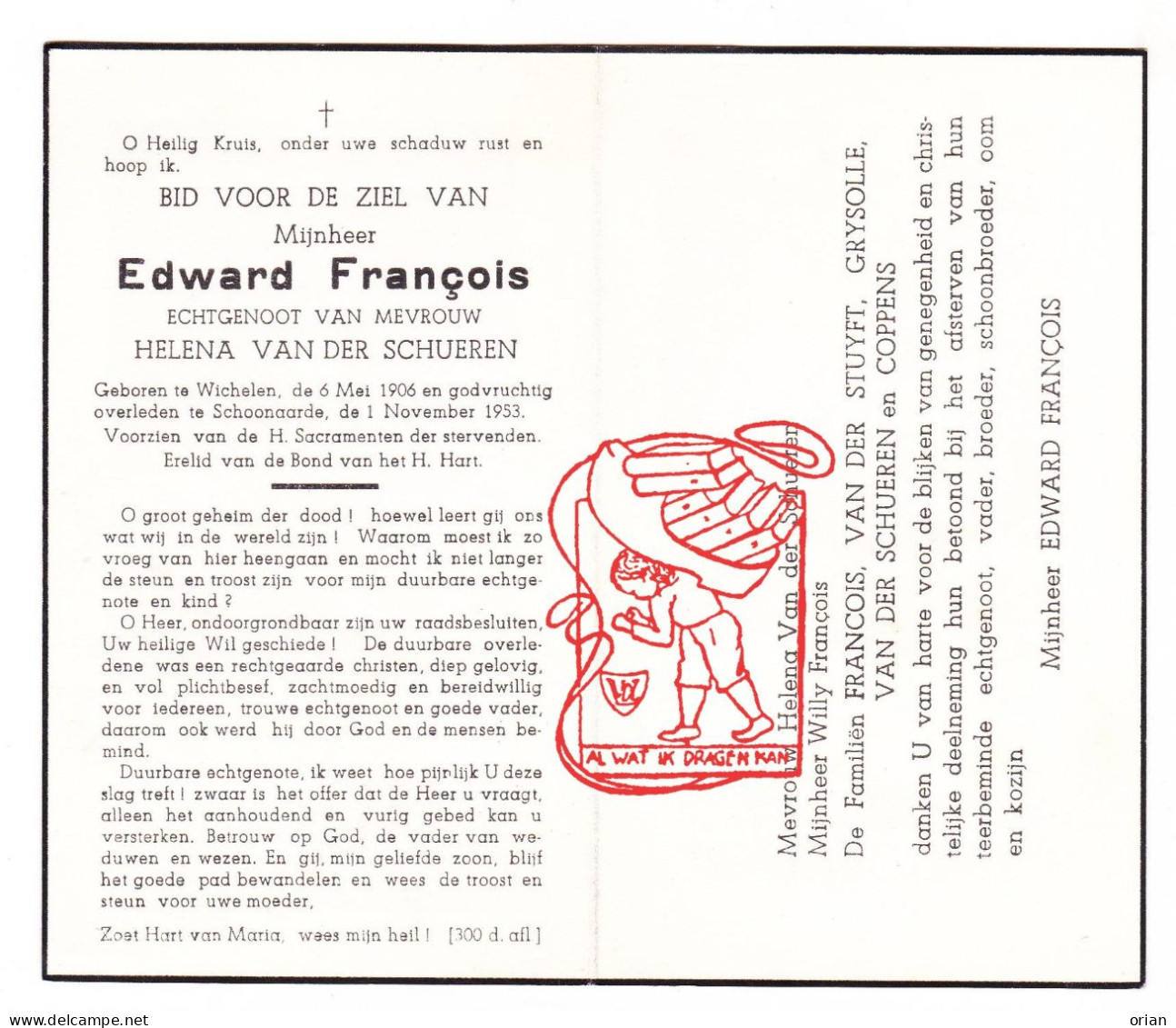 DP Edward François ° Wichelen 1906 † Schoonaarde Dendermonde 1953 Van Der Schueren // Van Der Stuyft Grysolle Coppens - Devotion Images