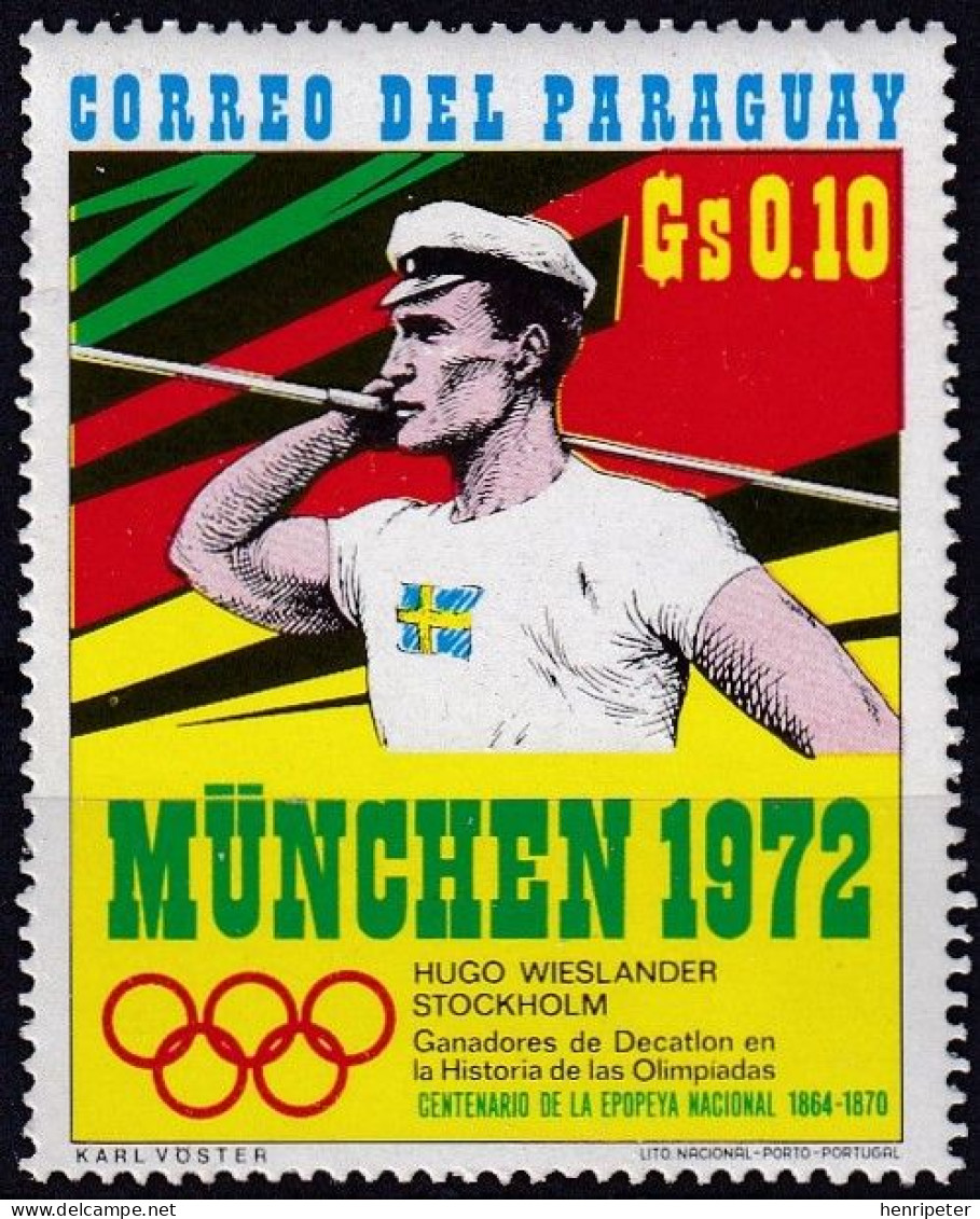 T.-P. Gommé Neuf** - Jeux Olympiques D'été 1972 HUGO WIESLANDER Lancer Du Javelot - N° 1110 (Yvert) - Paraguay 1971 - Paraguay