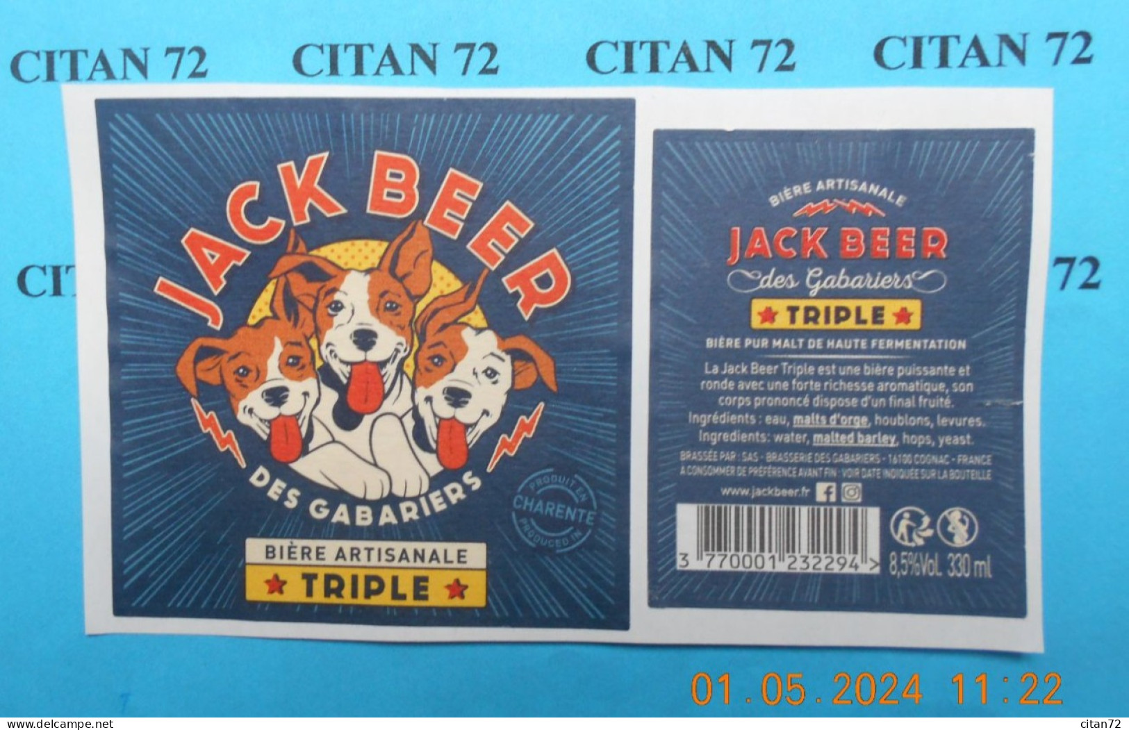 1  ETIQUETTE  De   BIERE    BRASSERIE    DES  GABARIERS  JACK  BEER TRIPLE  16100  COGNAC  330 ML - Beer