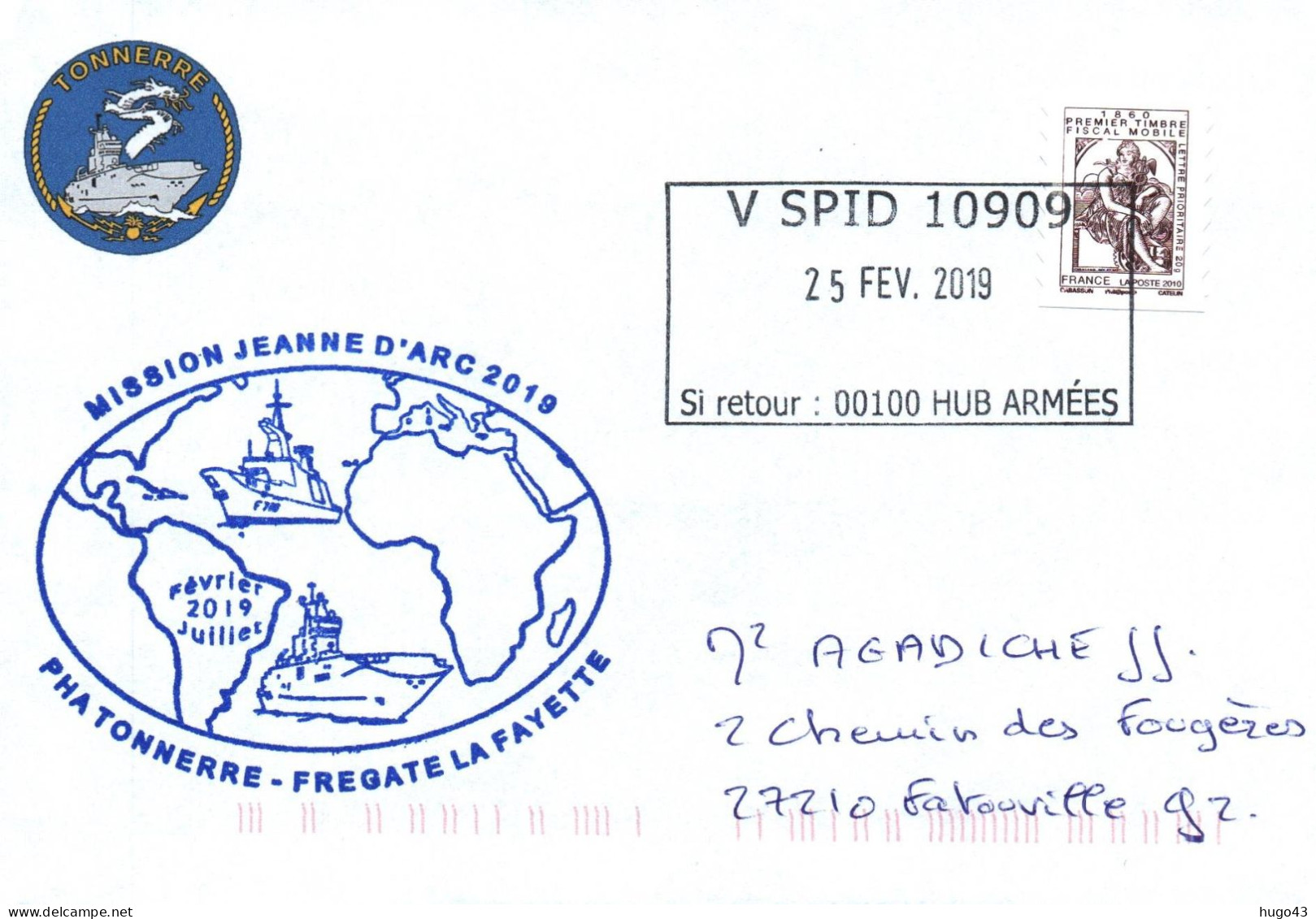 ENVELOPPE AVEC CACHET PHA TONNERRE - FREGATE LAFAYETTE - MISSION JEANNE D' ARC 2019 - LE 25/02/2019 - Poste Navale