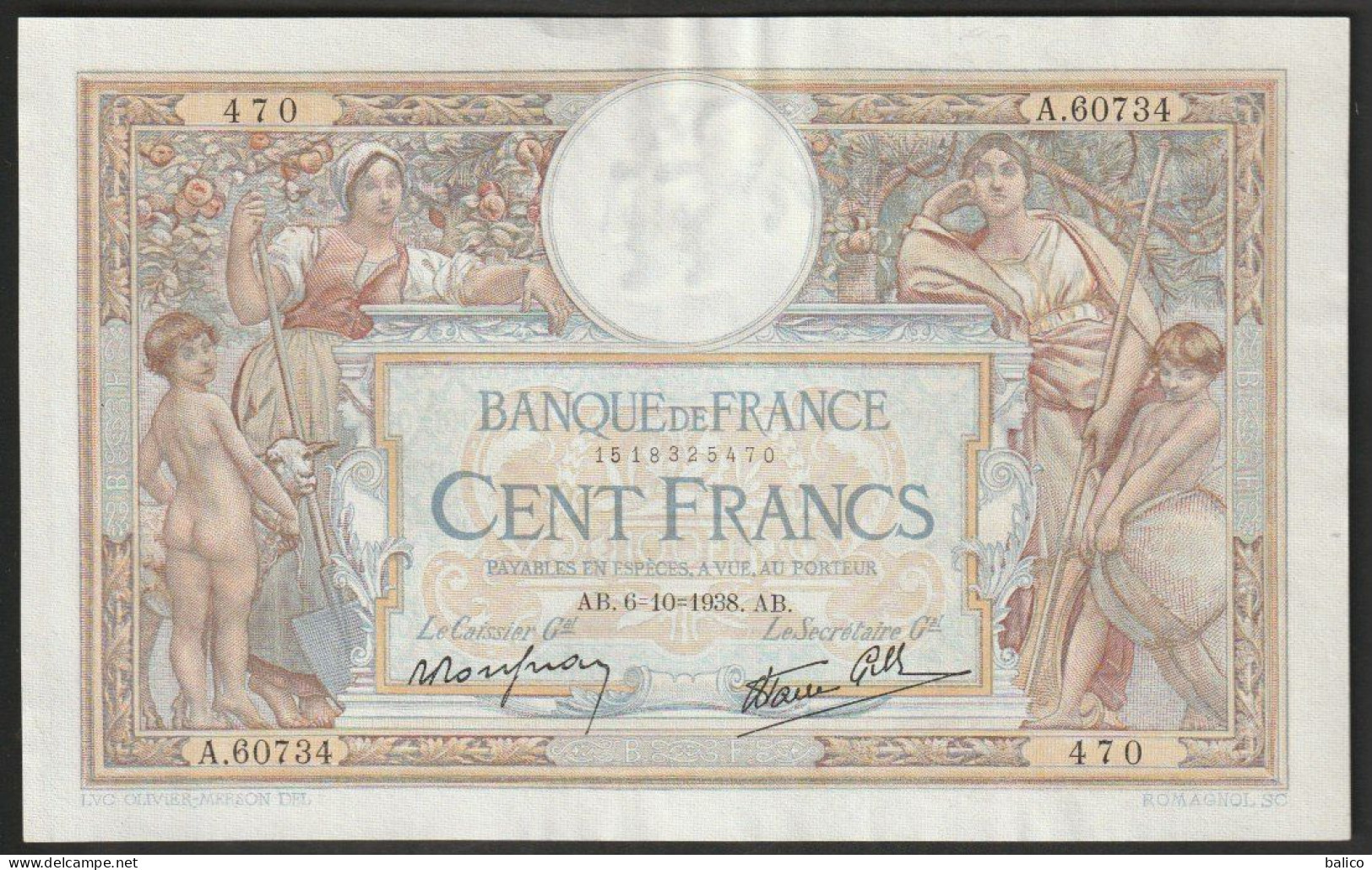 Billet 100 Francs Luc Olivier Merson -  6-10-1938 - N°  A.60734  -  470 - Très Bon état - 100 F 1908-1939 ''Luc Olivier Merson''