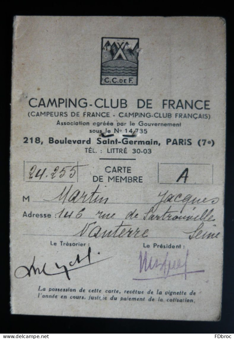 Carte Ancienne Du Touring Club De France 1946 Campeurs Camping Club / VIGNETTES ERINNOPHILIE - Collections